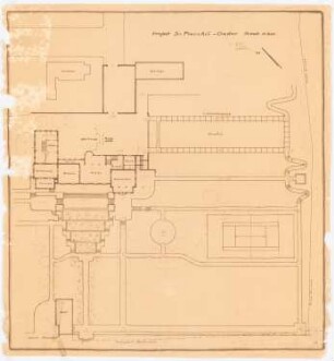 Garten Fraenkel, Berlin-Kladow: (Lichtpause von Inv.-Nr. 40826): Gartenplan mit Grundriss des Wohnhauses, 1:200