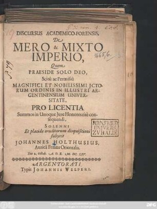 Discursus Academico-Forensis, De Mero & Mixto Imperio