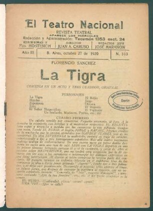1920010301: La tigra : comedia en un acto y tres cuadros