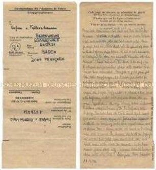 Brief von Harald von Koenigswald aus dem Kriegsgefangenenlager in Sarrebourg an seine Schwägerin in Badenweiler u.a. zur Hoffnung auf "baldige Freiheit" - Familienkonvolut