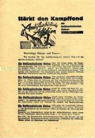 Propagandaflugblatt der KPD zur Reichstagswahl am 31. Juli 1932 mit Werbung für die Antifaschistische Aktion