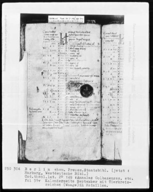 Annales Colbazenses (Kloster Colbaz), Calendarius ecclesiasticum, Sermones Mauricii episcopus Parisiensis — Annales Colbacenses und Calendarius ecclesiasticum, Folio 1 recto - 33 verso — ---, Folio ---Tierkreiszeichen Waage, Folio 31verso
