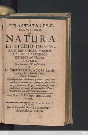 Tractatus Praecognitorum, De Natura Et Studio Ingeniariae, Organicarum Scientiarum Et Artium Genetrice Ac Propagatrice