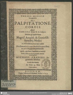 Theses Medicae inaugurales De Palpitatione Cordis