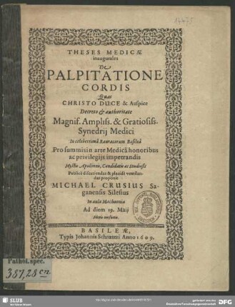 Theses Medicae inaugurales De Palpitatione Cordis