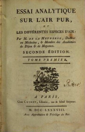 Essai Analytique Sur L'Air Pur, Et Les Différentes Espèces D'Air, 1