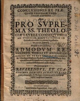 Conclvsiones Ex Praecipvis Vniversae Theologiae Materiis