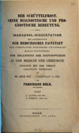 Der Schüttelfrost : seine diagnostische und prognostische Bedeutung
