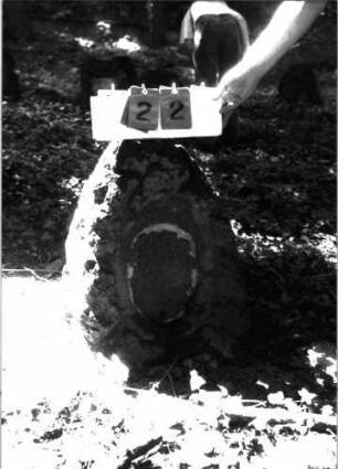 Grabstein 22 (Index: 100105618) Material: Muschelkalk Zustand: Schriftplatte fehlt Maße HxBxT: 60x40x35 cm Beschreibung: Stele, rustica, Spitzbogenabschluß, ovales Schriftfeld eingetieft: Grabstein 22