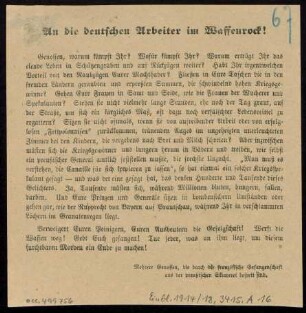An die deutschen Arbeiter im Waffenrock! : Genossen, warum kämpft Ihr? Wofür kämpft Ihr? ...