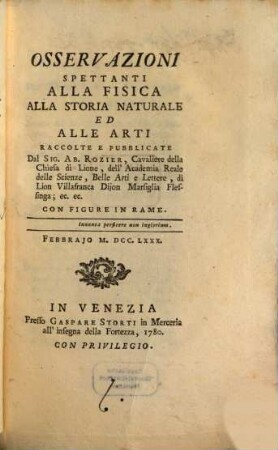 Osservazioni spettanti alla fisica, alla storia naturale ed alle arti. 1780, Feb.