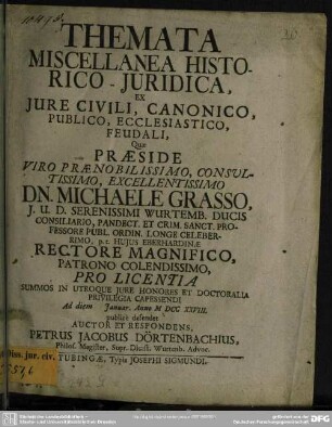 Themata Miscellanea Historico-Iuridica, Ex Iure Civili, Canonico, Publico, Ecclesiastico, Feudali