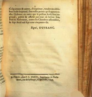 Arrest De La Cour De Parlement, Qui supprime un Imprimé intitulé: Arrêtés & Arrêt de la Cour de Parlement du Mardi 6 Avril 1756. : Extrait Des Registres Du Parlement. Du Mercredi 7 Avril 1756 de releveé