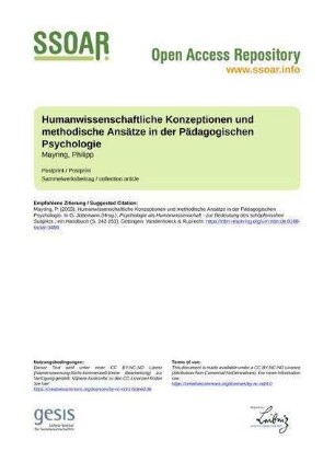 Humanwissenschaftliche Konzeptionen und methodische Ansätze in der Pädagogischen Psychologie