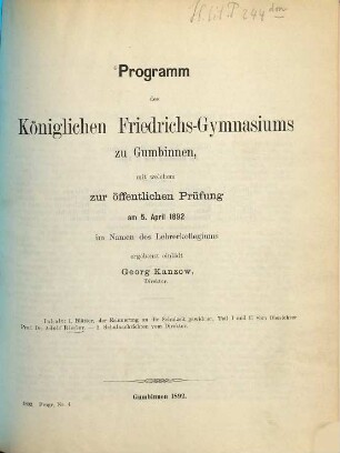 Programm des Königl. Friedrichsgymnasiums zu Gumbinnen : für das Schuljahr ... 1891/92
