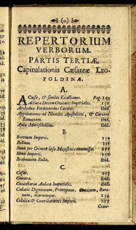 Repertorium Verborium. Partis Tertiæ Capitulationis Cæsareæ Leopoldinæ.