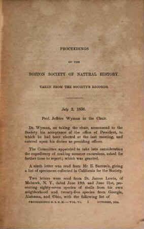 Proceedings of the Boston Society of Natural History, 6. 1856/59