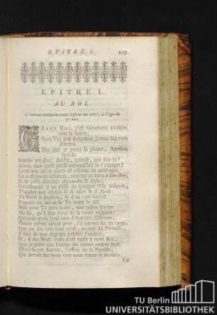 Epitre I. Au roi. L'auteur composa cette epitre en 1667, à l'âgé de 30 ans.