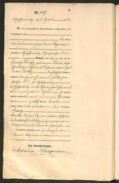 Standesamtsbuch der Stadt Aschaffenburg: Geburten 365/1900 - 184/1901