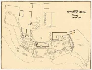 Rittergut Zehna bei Güstrow: Baumbestandsplan des Rittergutes im Grundriss mit Gebäudeumrissen 1:500