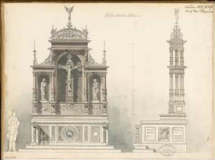 Altar Monatskonkurrenz Februar 1878: Aufriss Vorderansicht, Seitenansicht; Maßstabsleiste