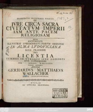 Dissertatio Inavgvralis Ivridica De Ivre Circa Sacra Civitatum Imperii Iam Ante Pacem Religiosam