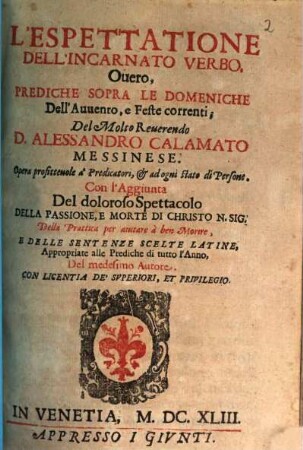 L' Espettatione dell'incarnato verbo : Prediche