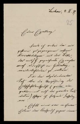 85: Brief von Friedrich Ritgen an Gottlieb Planck, Luckau (Landkreis Dahme-Spreewald), 4.11.1899