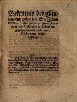 Bekentnis des glaubens vnd rechter lere Ern Johan Möllers, Pfarherrns zu Herbschleben
