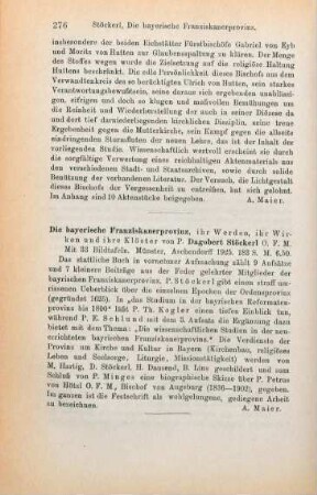 276 [Rezension] Stöckerl, Dagobert, Die bayerische Franziskanerprovinz