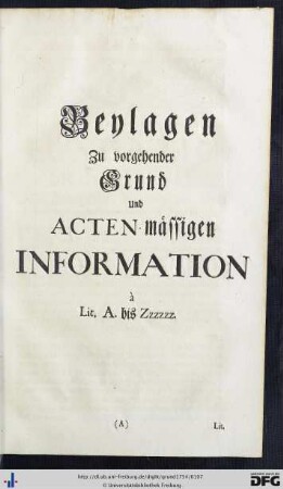 Beylagen Zu vorgehender Grund Und Acten-mässigen Information à Lit. A bis Zzzzzz.