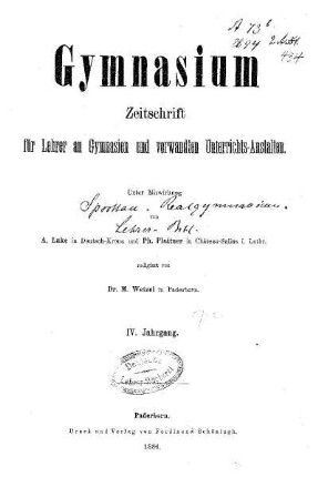 4: Gymnasium : Zeitschrift für Lehrer an Gymnasien und verwandten Unterrichtsanstalten - 4.1886