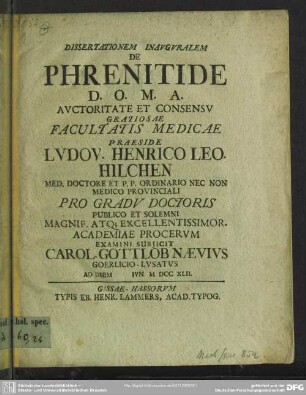 Dissertationem Inauguralem De Phrenitide