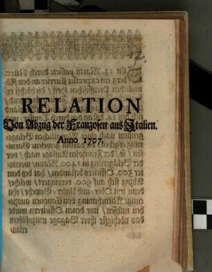 Relation Von Abzug der Franzosen aus Italien. Anno 1707.