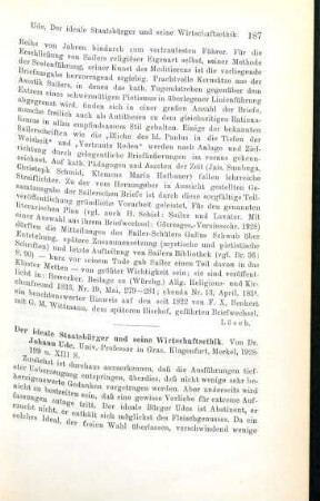 187-188 [Rezension] Ude, Johannes, Der ideale Staatsbürger und seine Wirtschaftsethik