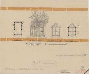 Schröttinghausen (Kreis Halle): Hof Heining. Bleichhütte (Grundriss, Südansicht, Westansicht, Querschnitt)