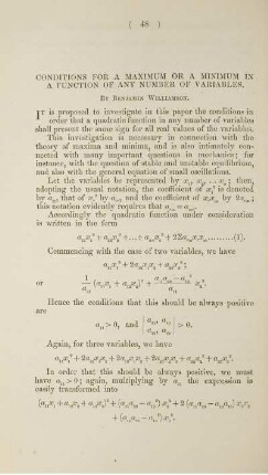 Conditions for a maximum or a minimum in a function of any number of variables.