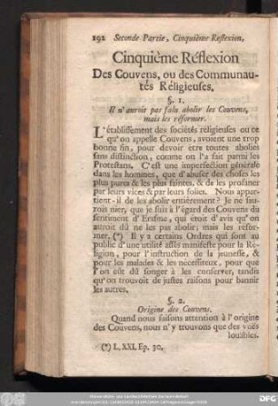 Cinquème Réflexion Des Couvens, ou des Communautés Réligieuses.