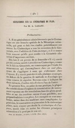 Réflexions sur la cinématique du plan.