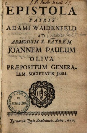 Epistola Adami Waidenfeld ad Joannem Paulum Oliva