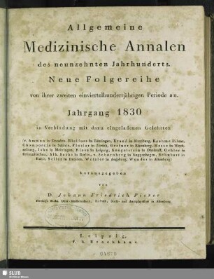 1830: Allgemeine medizinische Annalen des neunzehnten Jahrhunderts