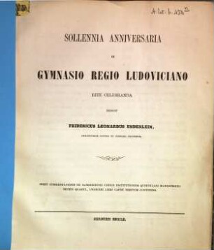 Solennia anniversaria in Gymnasio Regio Ludoviciano rite celebranda indicit, 1852