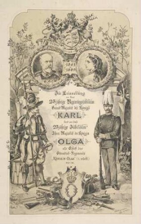 Ornamentiertes Titelblatt einer Bildersammlung als Geschenk zur Ehrung Königin Olga von Württemberg zum 25-jährigen Jubiläum als Chefin des Regiments und Dienstjubiläum König Karls von Württemberg, 1889