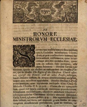 Programma lectionibus de pastorali prudentia praemissum honorem ministrorum ecclesiae asserens