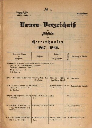 Sammlung sämmtlicher Drucksachen des Herrenhauses. 1867/68,1 = Sitzungs-Periode von 1867/68 (1868)