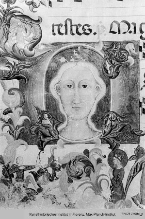 Antiphonar : Buchseite mit Randbordüre, vierzeiligen Neumen und historisierter Initiale D: Heilige Ursula