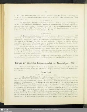 Lehrplan der Königlichen Baugewerkenschule im Winterhalbjahre 1887/88