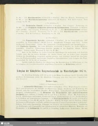 Lehrplan der Königlichen Baugewerkenschule im Winterhalbjahre 1887/88