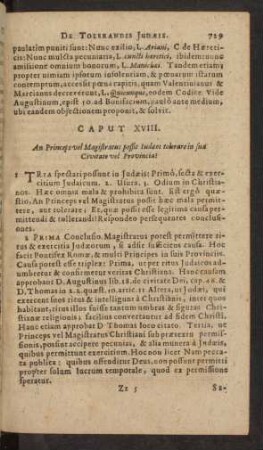 Caput XVIII. An Princeps vel Magistratus possit Iudeos tolerare in sua Civitate vel Provincia?