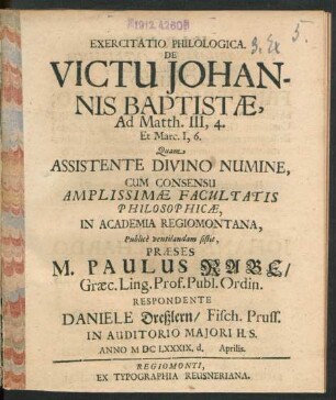 Exercitatio Philologica. De Victu Johannis Baptistae : Ad Matth. III,4. Et Marc. I,6.